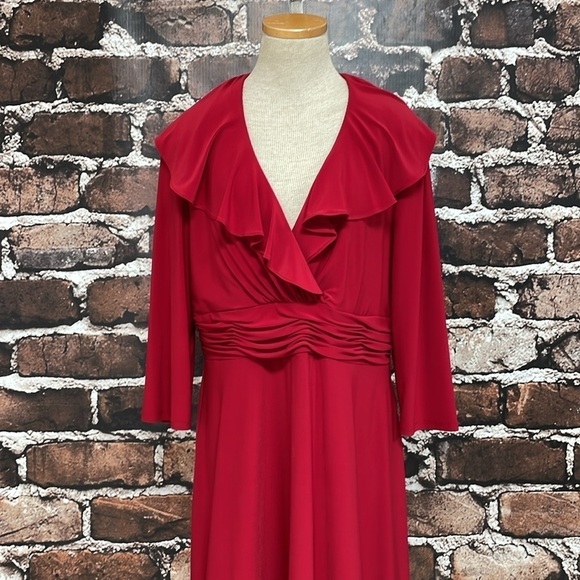 Evan-Picone Dress Women's 14 Red Long Sleeve A-Line Midi V-Neck Ruffles - Picture 7 of 16